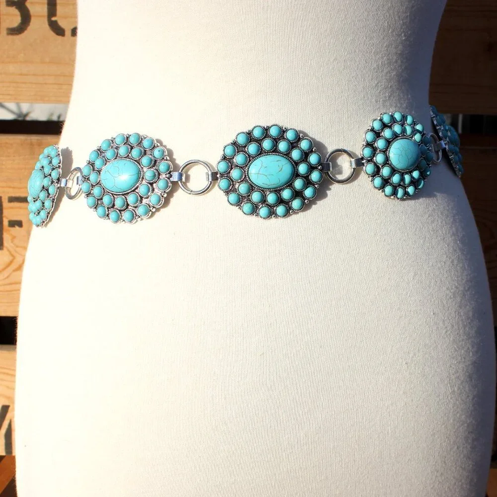 Western Turquoise Flower Concho Floral Oval Burst Medallion Belt L/XL by Tipi - Picture 2 of 8